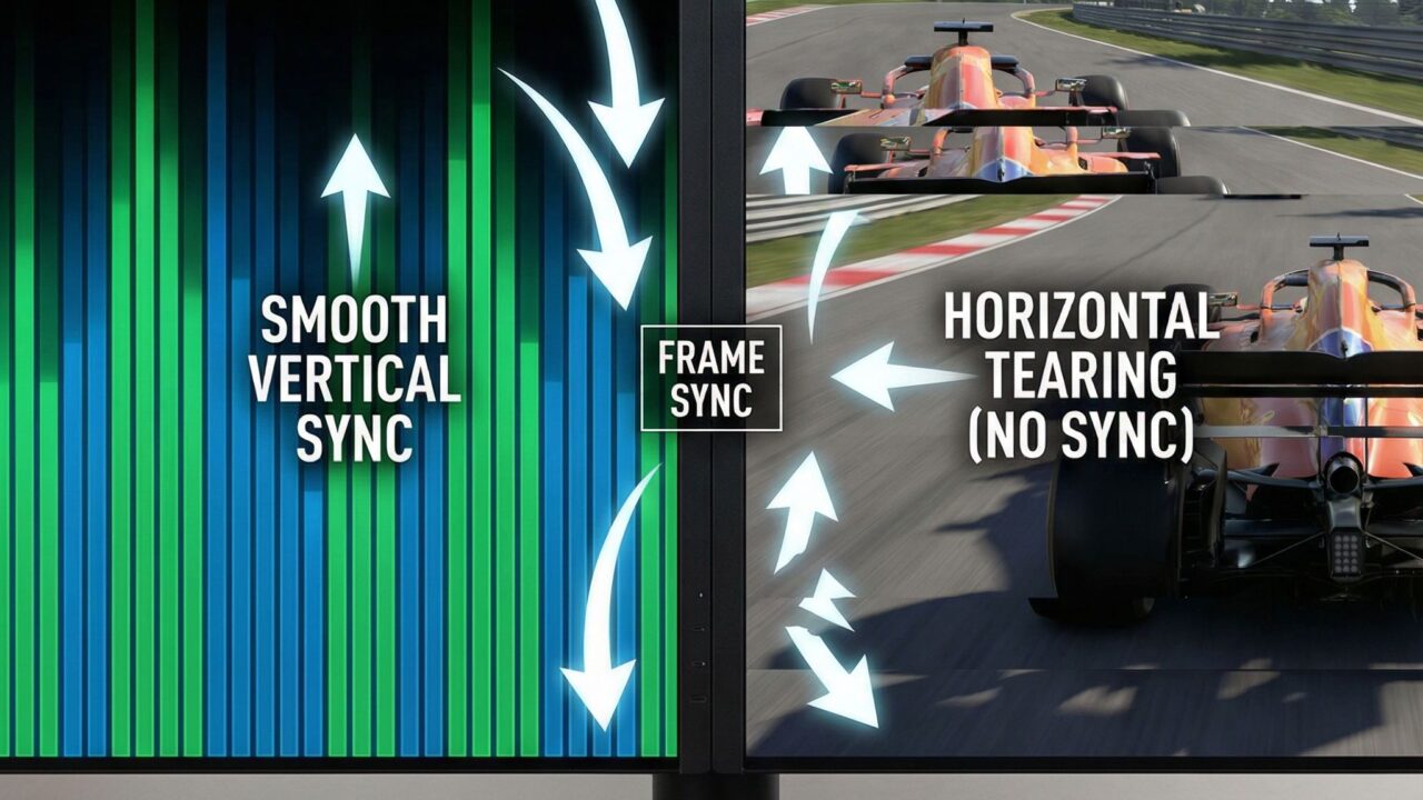 분할된 컴퓨터 화면에서 왼쪽은 부드러운 게임 화면, 오른쪽은 수평으로 찢어진 화면을 보여주며 화살표로