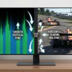 분할된 컴퓨터 화면에서 왼쪽은 부드러운 게임 화면, 오른쪽은 수평으로 찢어진 화면을 보여주며 화살표로