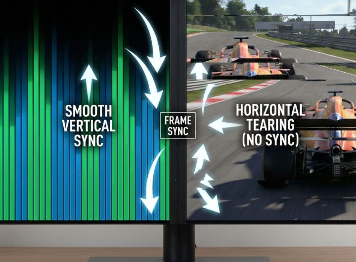 분할된 컴퓨터 화면에서 왼쪽은 부드러운 게임 화면, 오른쪽은 수평으로 찢어진 화면을 보여주며 화살표로