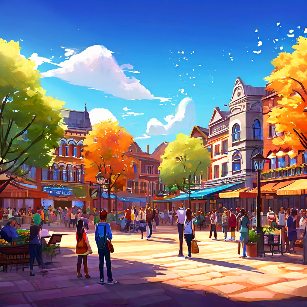 화사한 색감의 마을 광장에서 다양한 사람들이 이야기를 나누며 포근한 유대감을 느끼는 모습이다.