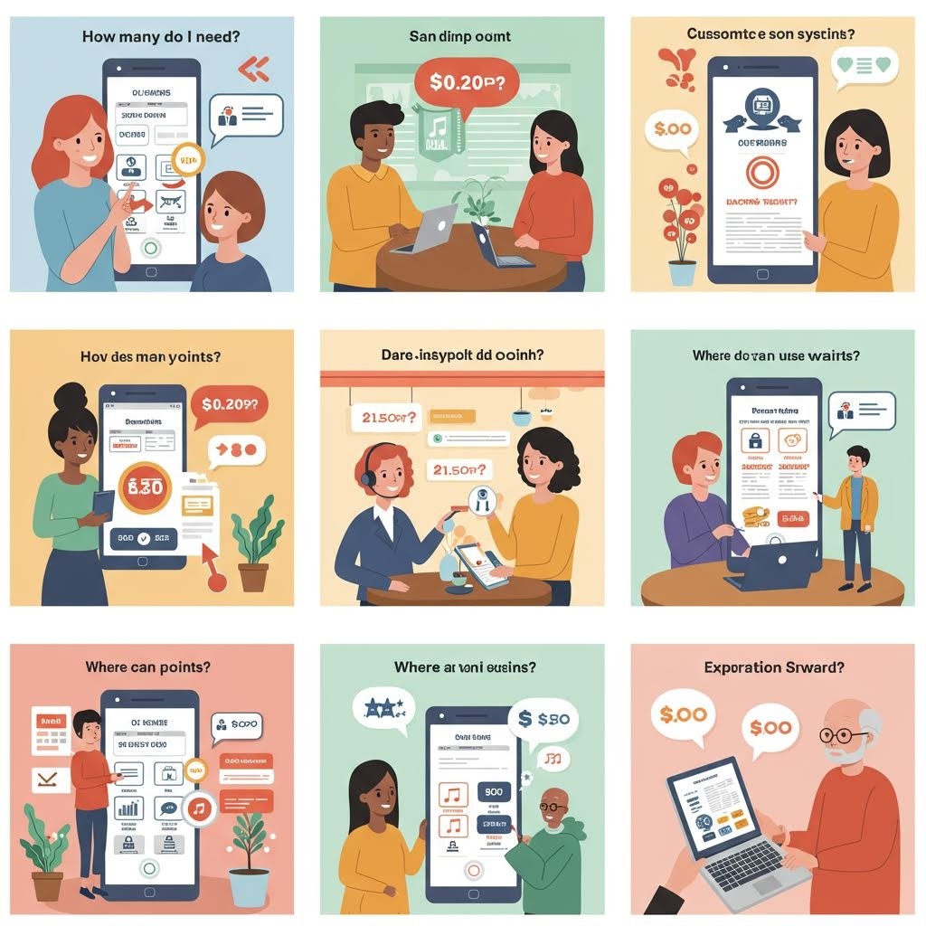 온라인 카지노·베팅 사이트에서 자주 나오는 사용자 질문들을 귀여운 캐릭터 일러스트로 표현한 9칸 그리드 이미지 – 포인트 필요량, 입금 보너스, 출금 한도, 고객센터 등