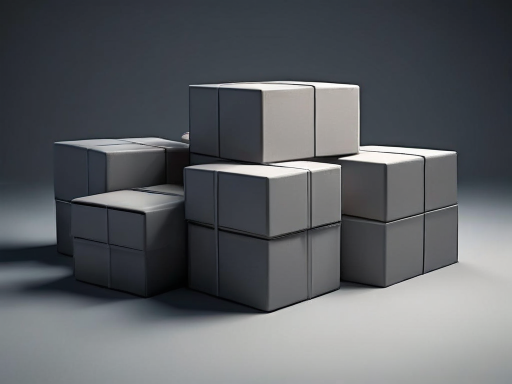 Stacked blank archive boxes with open compartments on a gray studio surface, soft side light, metaphor for budget organization.