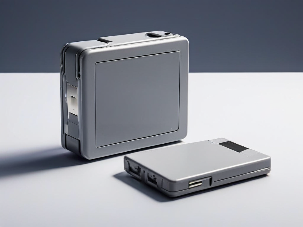 Memory card, external drive, and photo sleeve on gray studio surface.