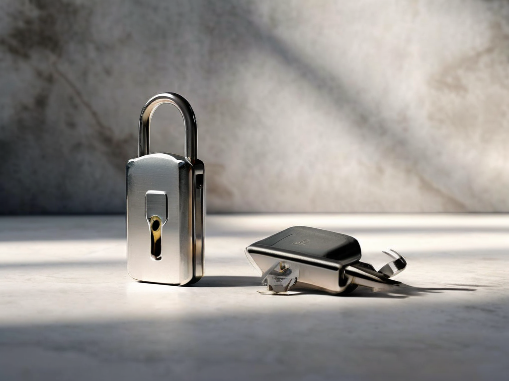Small metal lock, key case, and blank security card arranged on a stone counter for account safety preparation.